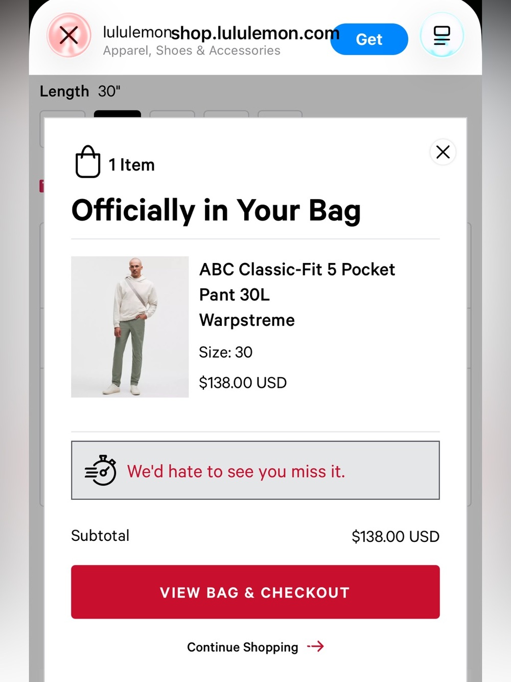 Lululemon Men’s ABC Warpstreme 5 Pocket Pants Olive Green Size 33x30 - Picture 14 of 16